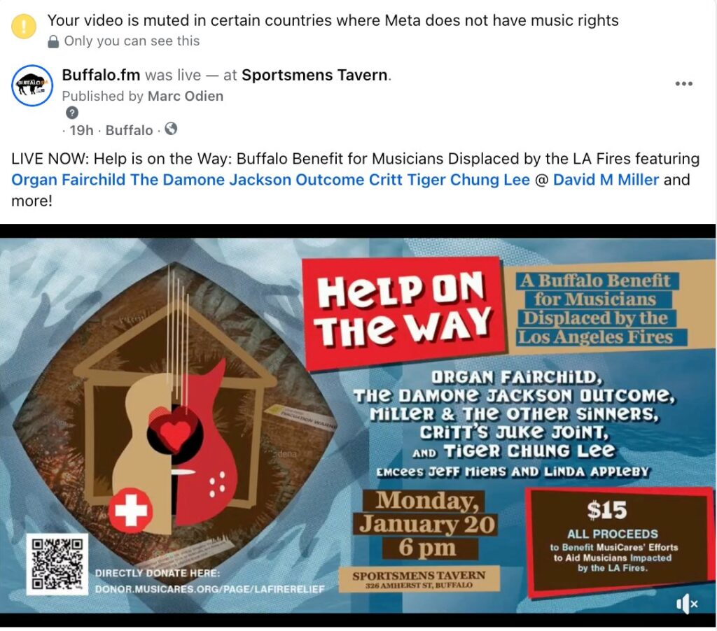 Unfortunately, Facebook muted parts of last night's show (Critt's set) during the live stream. 

The entire event will be reposted on our website and YouTube channel.

Also, we know that Meta is false flagging our domain and posts, including those from Buffalo . FM  as spam which is preventing us from posting to Instagram, Threads and ocassionally Facebook. 

We are STILL working with Meta support on the issue and hope to resolve it soon.